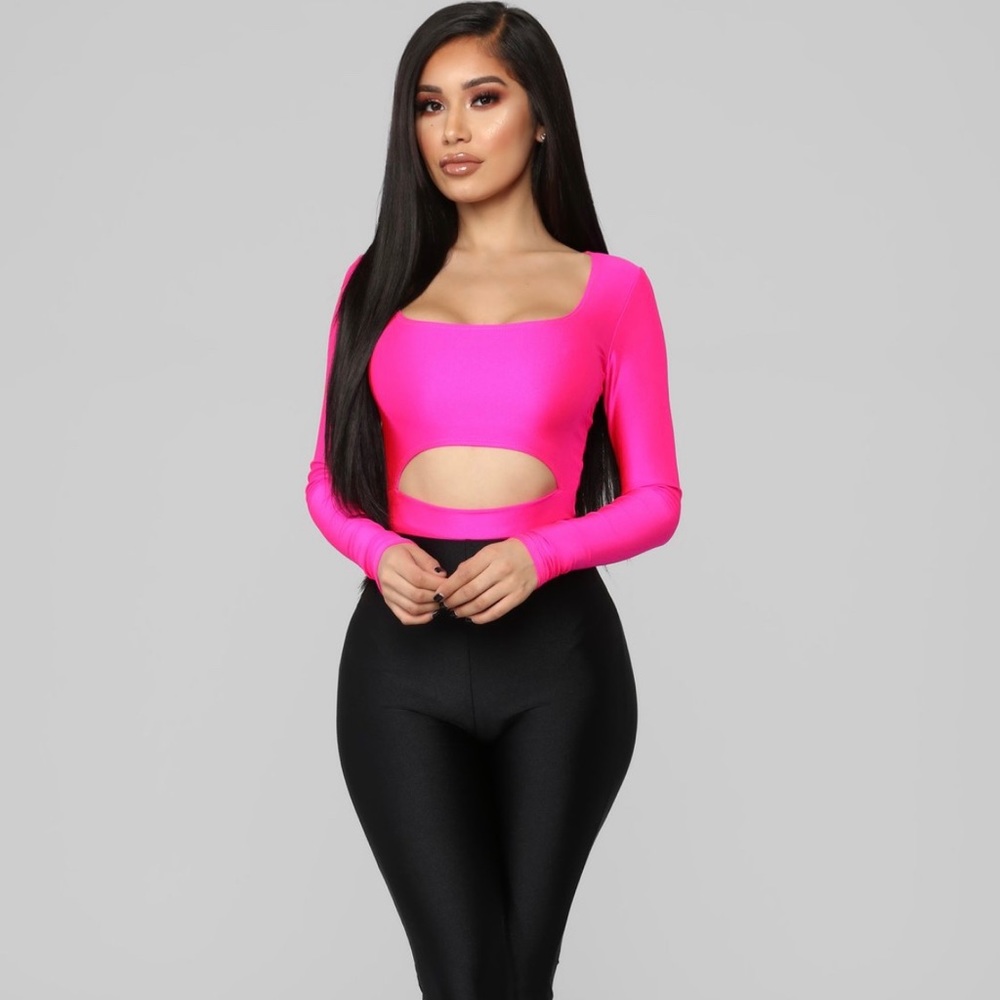 Hot pink body suit with ruched leggings